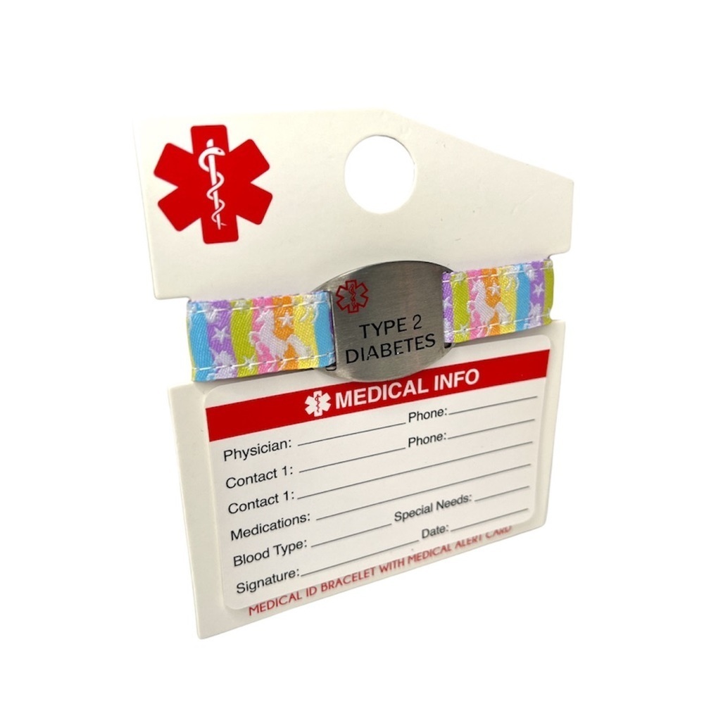 Medical ID Bracelet‎ Type 2 Diabetes Unicorn Multi Color Bracelet w/Medical Card